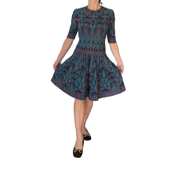 MISSONI Flare Dress Short Sleeve Blue x Pink Print Flare Knit Silk Cotton Medium